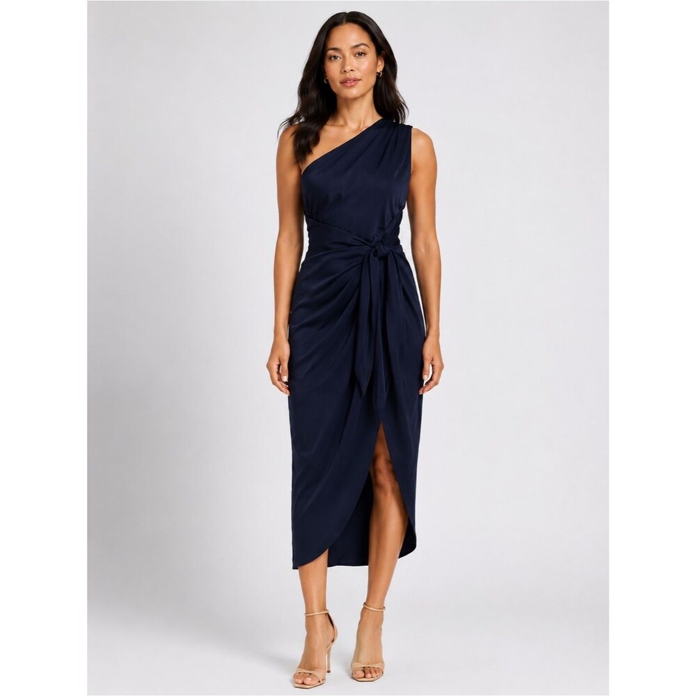 Donna Morgan One Shoulder Side Tie Charmeuse Cocktail Midi Dress Navy Blue 6 NEW